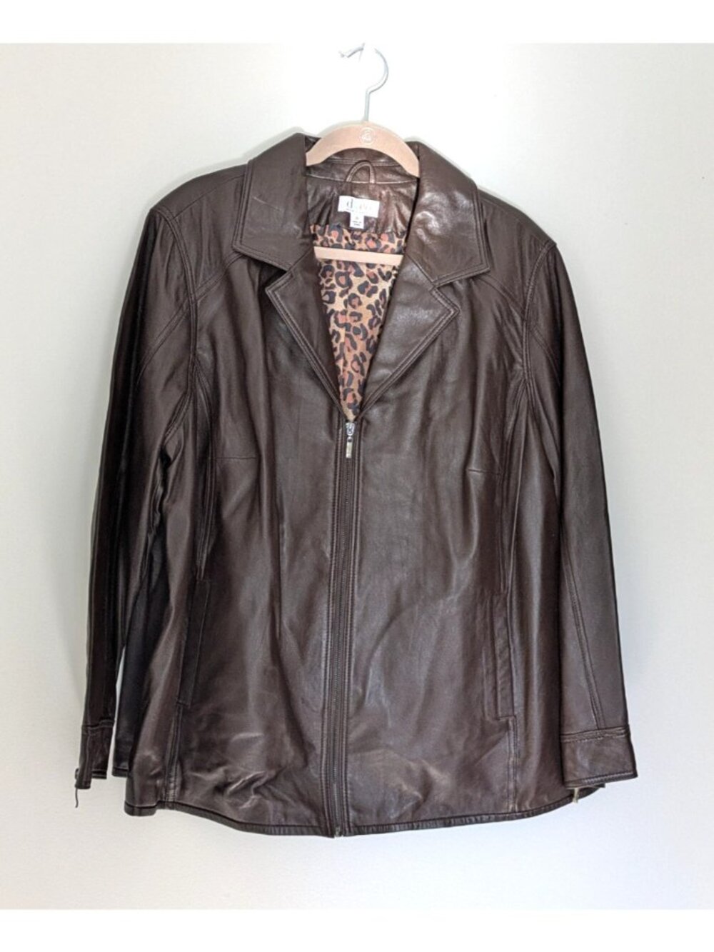 Vtg Denim & Co 2X Dark Brown Leather Jacket Mid Length Coat Leopard Lining